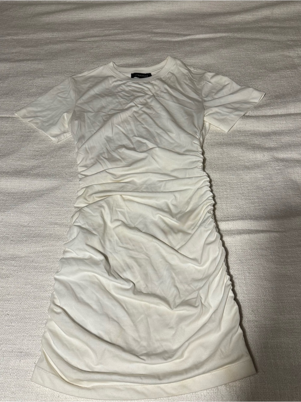 Dynamite White Ruched Short Sleeve Mini Dress